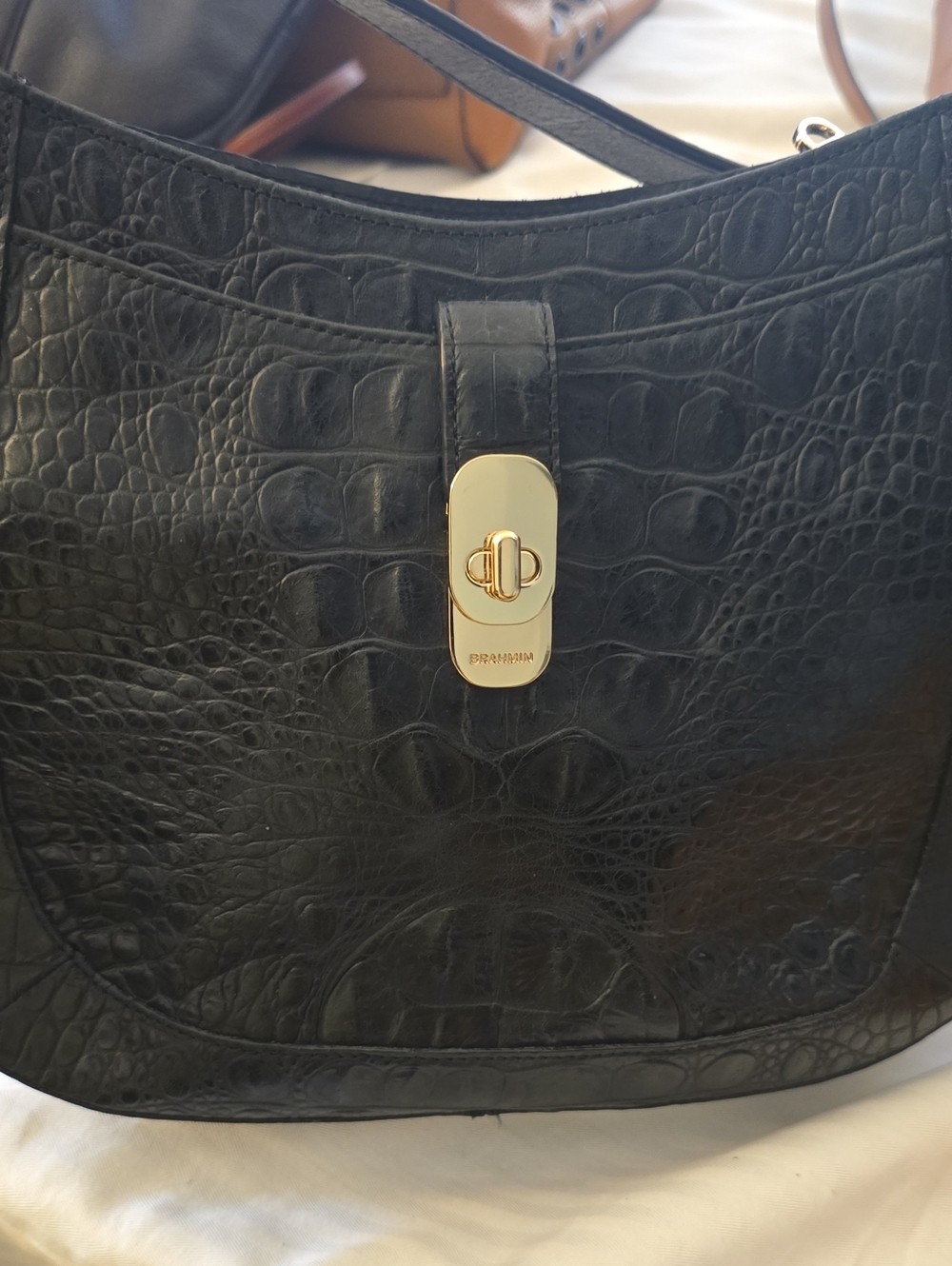 Brahmin Black Croc-Embossed Shoulder Bag with Gold Turn-Lock